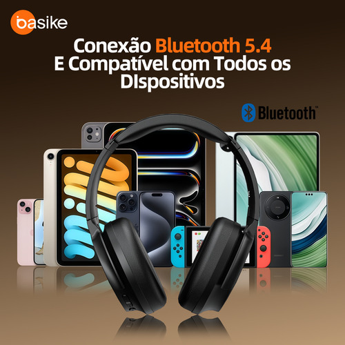 Basike BA-FON168 fone de ouvido over-ear bluetooth sem fio com anc ativo 80h bateria áudio hd graves intensos espuma com memória perfeito para viagens e home office Preto