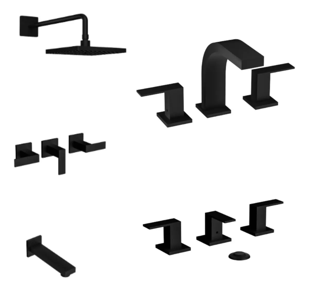 Grifería Para Baño Completo Kit Juego Lavatorio Bimando Ducha Con Transferencia Bidet Doble Comando Piazza 21201NE + 21204NE + 21206NE Set De Baño Level Negro Mate