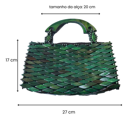 Bolsa Artesanal Peças Madeira Envernizada Verde, Alça Curta