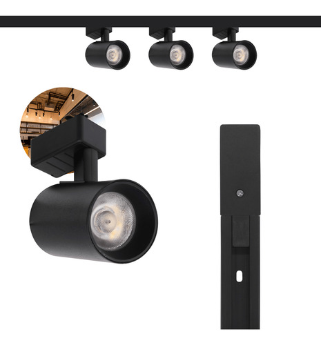 Kit Trilho Eletrificado 15w 3000k 1m Preto Com 3 Spots Led