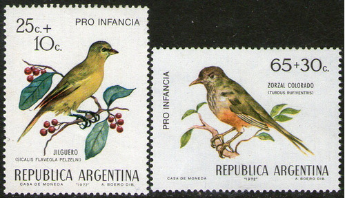 Argentina Serie X 2 Sellos Mint Sobretasa Pro Infancia = Aves Jilguero Y Zorzal Colorado Año 1972 