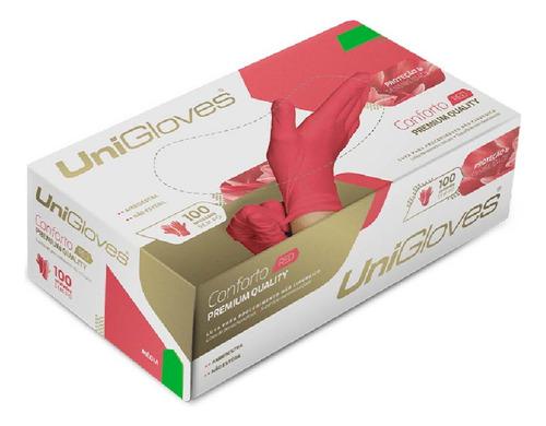 Luvas descartáveis antiderrapantes UniGloves Conforto cor vermelho tamanho  G de látex x 100 unidades 