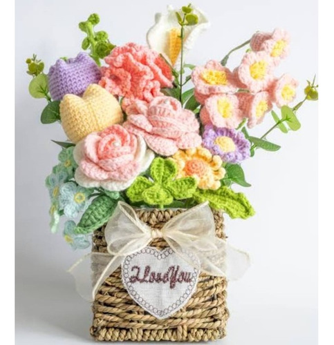 Canasta De 12 Flores Artesanales Crochet