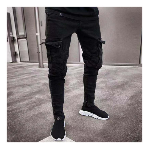 Pantalones Vaqueros Pitillo Rasgados Para Hombre Negro