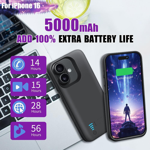 Funda De Batería Para iPhone 16, 5000 Mah Recargable Extendi