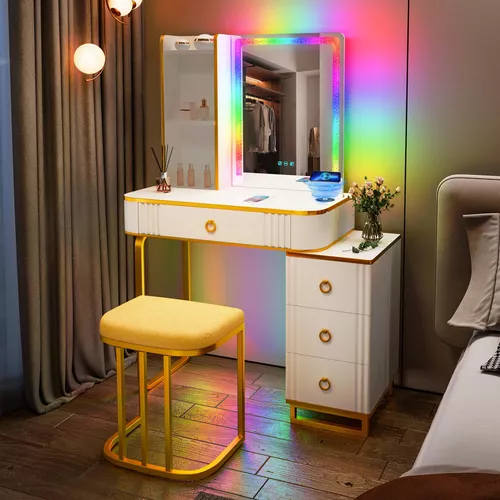 Escritorio de tocador con espejo y luces, mesa de tocador de cristal RGB  para maquillaje con estación de carga inalámbrica, tocador para niñas y