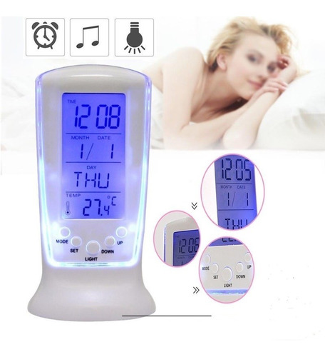 Reloj Digital Lcd Con Luz Alarma Calendario Termostato Blanc