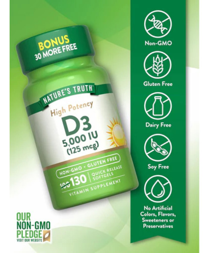 Nature's Truth Suplemento de Vitamina D3 130 Cápsulas de 125 Mcg (5000 UI) Para 4 Meses