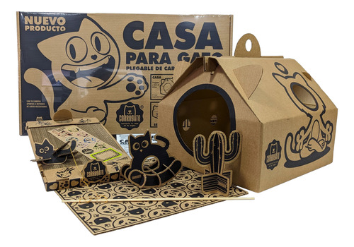 Casa De Cartón Para Gato, Rascador Y Juguetes 