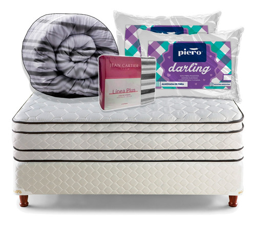 Combo Sommier Piero Resortes + Acolchado Sabanas Y Almohadas