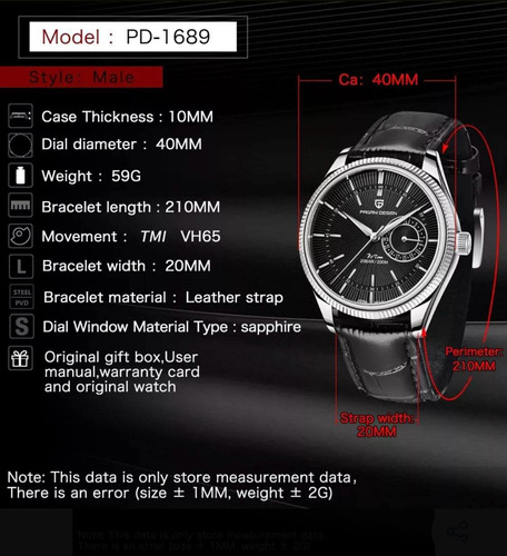 Relogio Pagani Design Pd 1689 Quartzo Movimento Japonês Vh65 Preto Prateado Preto