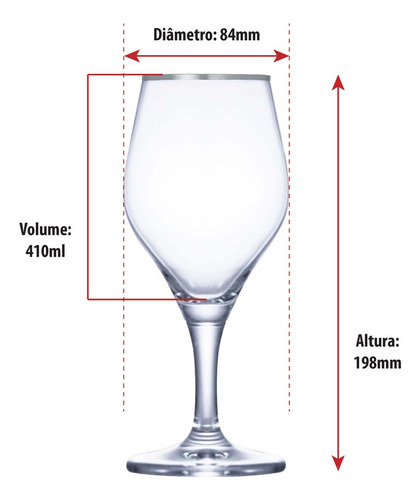 Jogo de Taça de Cristal C/ Filete de Platina 6 pcs 410ml, Ruvolo