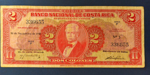 Billete 2 Colones Banco De Costa Rica 1946 Colección 