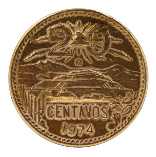 Moneda De 20 Centavos Mexicana Antigua Teotihuacan 1974 (Usado)