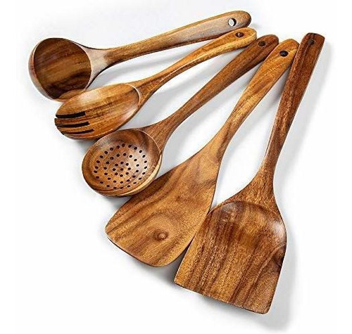 Wooden Kitchen Utensils Set, 5 Pcs Natural Acacia Wooden Coo