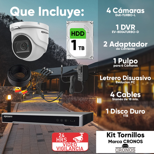 Epcom Kit De 4 Camaras De Seguridad Metalicas Eyeball 8mp Protección Ip66 Para Uso Exterior + Dvr 4ch Turbohd Con Detección De Movimiento Y Salida De Alarma +1tb Hdd Ev8004e4k-plus+1tb-sc