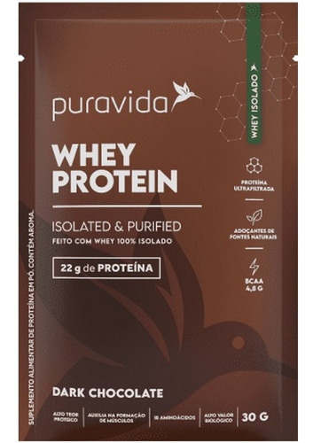 Whey Protein Pura Vida Isolado - Box 15 Saches 30g Cada Sabor Dark Chocolate