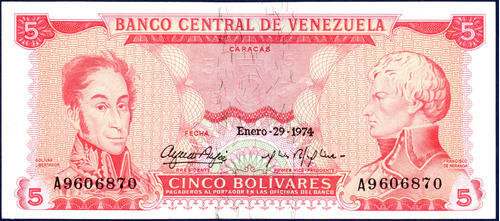 Billete 5 Bolívares A7 Enero 29 1974 S. Bolívar Y F. Miranda