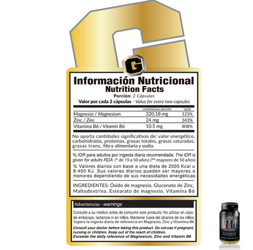 Imagen 3 de 9 de Zma Gold Nutrition Zinc Magnesio Precursor De Testosterona Sabor Na