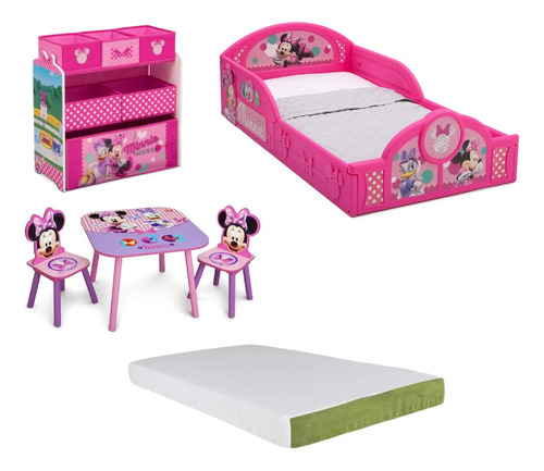 Set Infantil Cama Juguetero Mesa Silla Y Colchon Minnie 