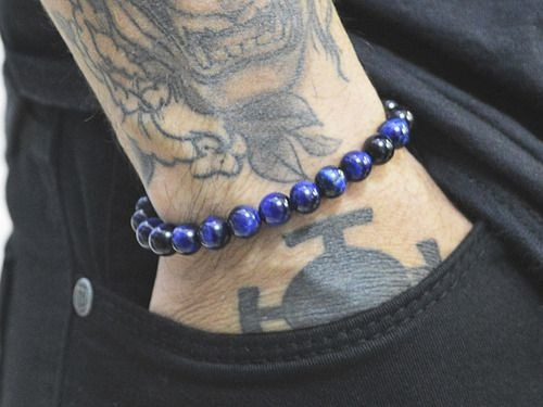 Pulseira Pedra Olho Tigre Azul Bolinha 8mm Comprimento 19 Cm Diâmetro 8 Cm