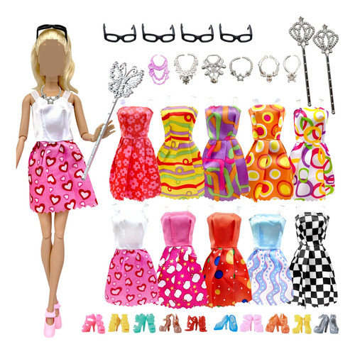 32 Piezas De Accesorios Para Muñecas, Ropa De Barbie, 10x Vestidos Lindos Mezclados, 10x Zapatos, 4x Gafas, 6x Collares, 2x Varitas