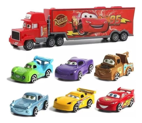 Cars Rayo Mcqueen Mula Camión Mack + 6 Carros Impulso Niños