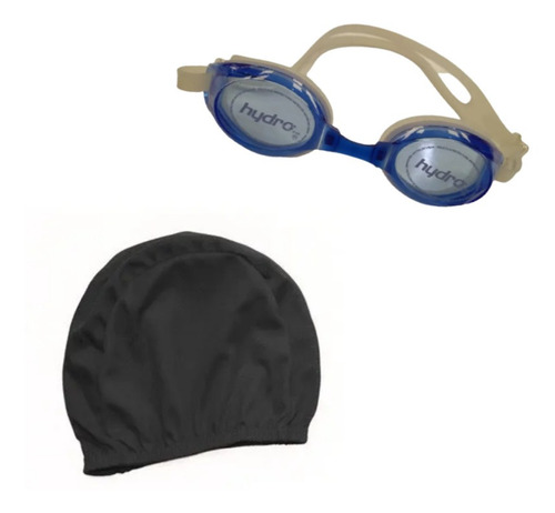 Combo Natacion Adulto! Gorra Lycra Negra + Lente Hydro Azul