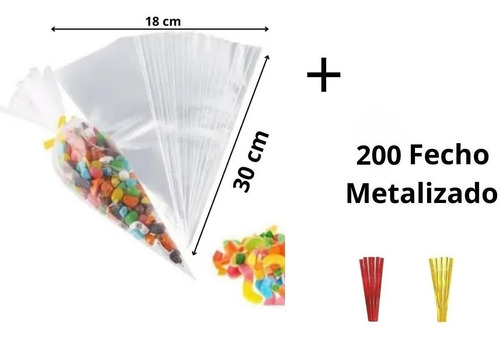 Kit 500 Saquinho Cone Incolor 18x30 + Fecho Metalizado 500un