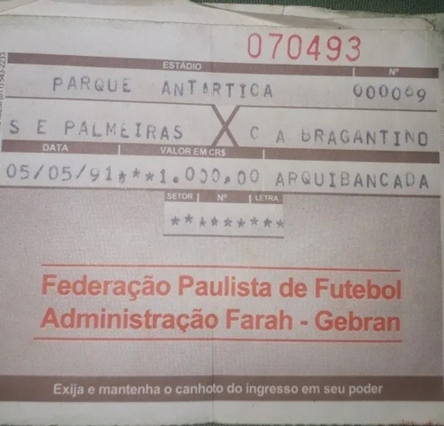 3 Ingressos De Jogos Do Palmeiras 89/90/91 (Usado)