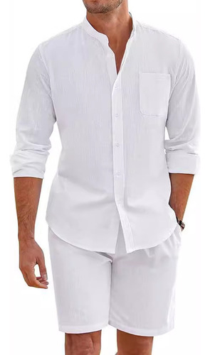 Conjunto De Camisa Y Pantalón Corto De Algodón Y Lino Hombre