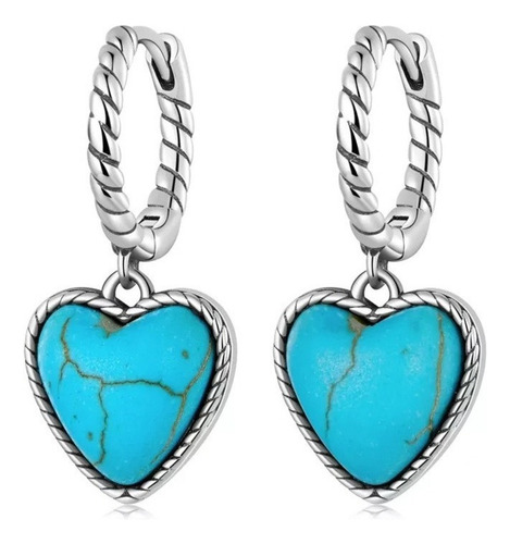 V Aros Argolla Turquesa Corazón Plata Joya Mujer