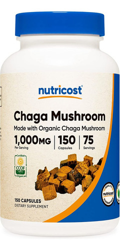 Suplemento de cogumelos Chaga em cápsulas de 1000 mg com 75 porções: sabor sem sabor