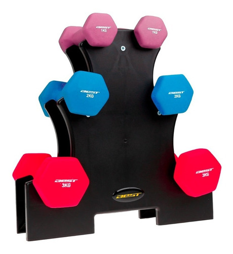 Set De 6 Mancuernas Best De Neopreno Con Base Total 12kg Color Rosa/celeste/rojo