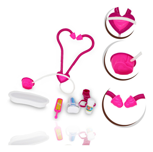 Imagem 5 de 7 de Brinquedo Kit Medico Rosa 6p Estetoscópio Termômetro Alicate