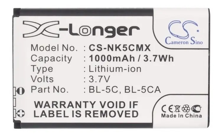 Batería Cameron Sino para Nokia BL-5C, 1100, 1208, 1600, 1000mAh Li-Ion