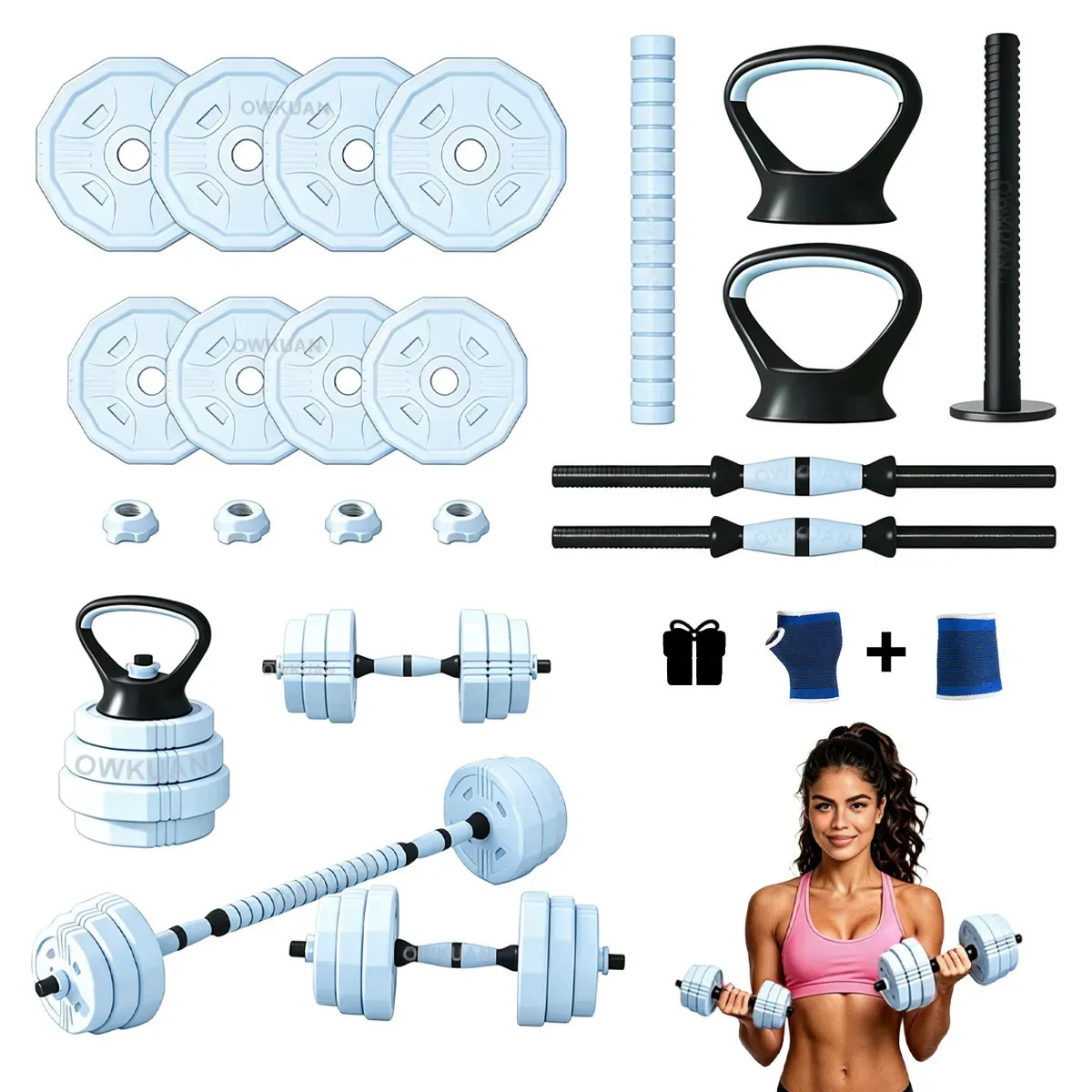 Jutang Kit Mancuernas Y Pesas Barra Recta Ajustables 15kg Para Ejercicio, Incluye Par De Guantes De Gimnasio Y Par De Muñequeras Protectoras, Ideal Para Entrenamiento De Musculación En Casa Azul