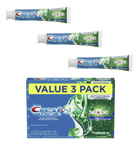 Creme Dental Crest Plus Premium Plus Scope Pack 3 X 147gr