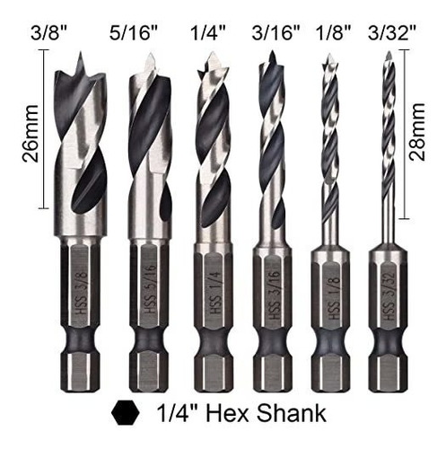 Juego 6 Broca Brad Point 1 4 Vastago Hexagonal Para