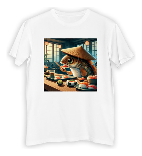 Remera Hombre Sushi Pez Con Sombrero Comiendo Resto