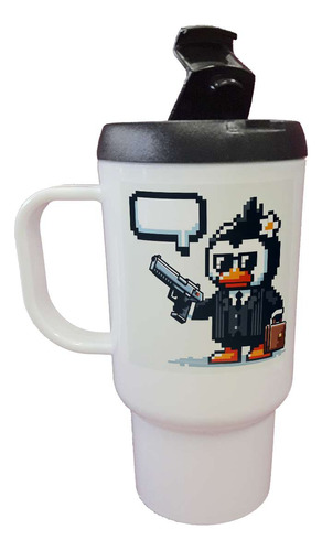 Jarro Termico Pinguino Con Pistola Y Flor Estilo Pixel
