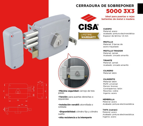 Imagen 6 de 9 de Cerradura 3x3 Cisa Cilindro Suelto Izquierda 50mm 3 Llaves