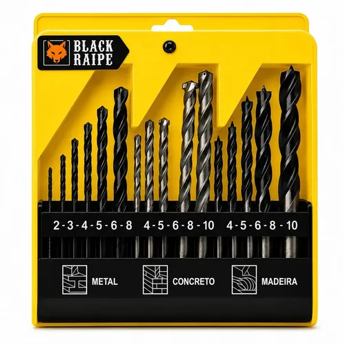 Kit Brocas Black Raipe com 16 Peças para Madeira, Metal e Concreto