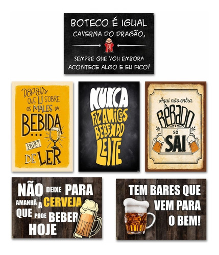 Kit 6 Placas Decorativas Frases Engraçadas De Boteco - Bar