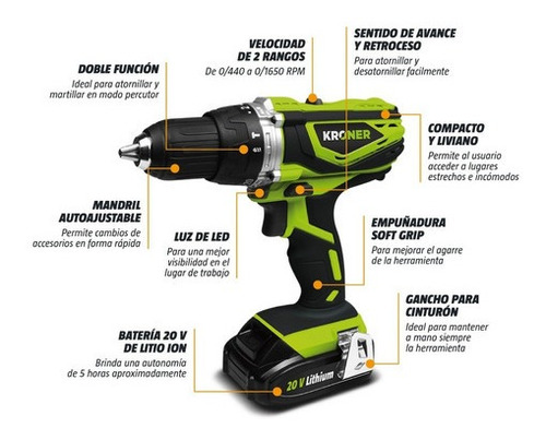 Imagen 2 de 5 de Taladro Percutor 13mm Inalámbrico Profesional Kroner 20 Volts 2 Baterías Verde 60hz