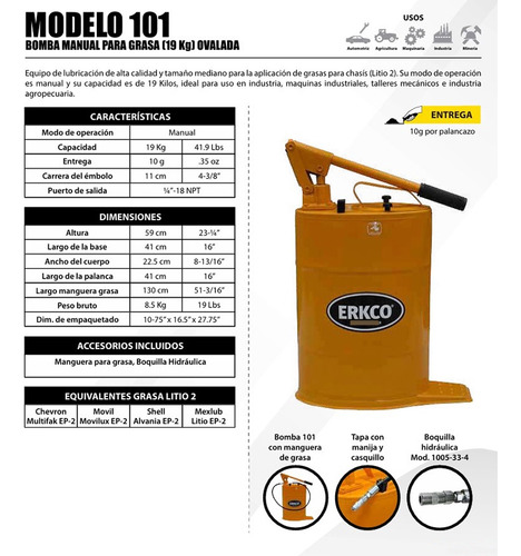 Bomba/cubeta Para Grasa 19 Kg Manual Mod.101 Erkco 3000 Psi