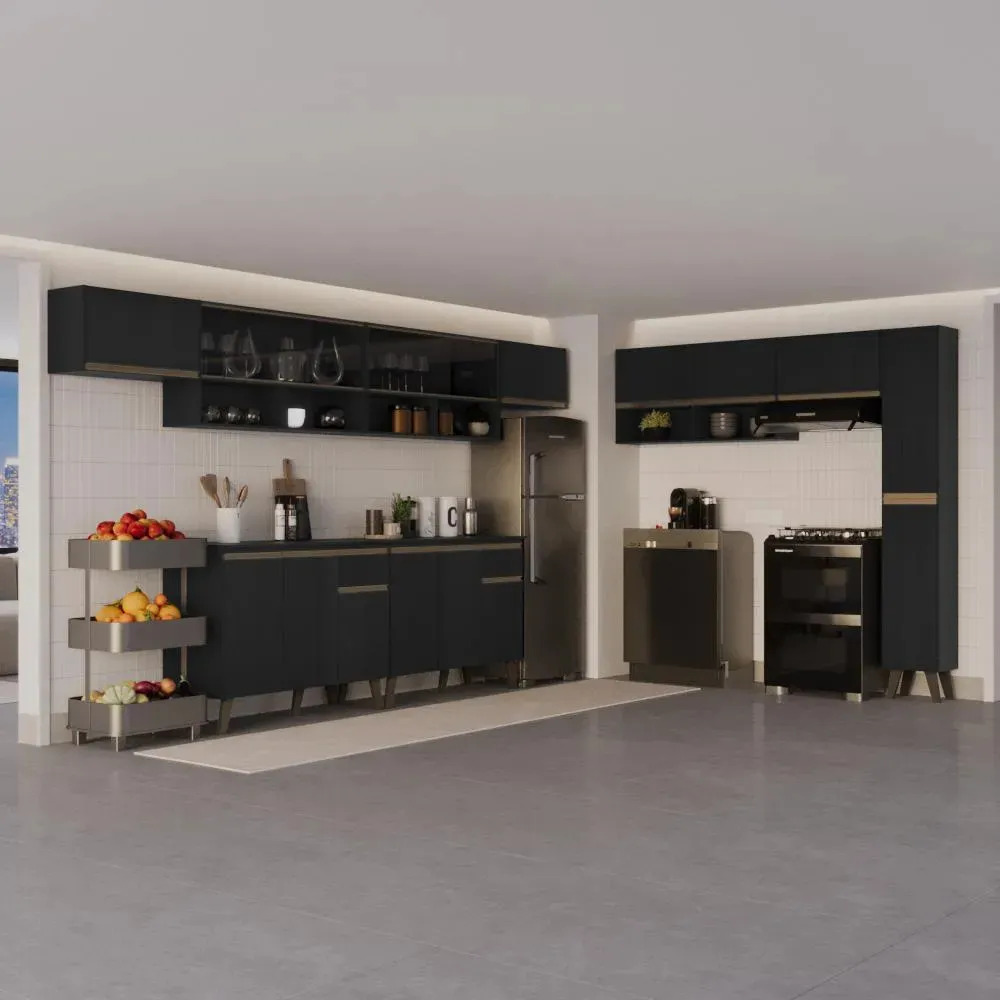 Armário De Cozinha Completa Atlanta Frame Carraro Preto Preto Touch