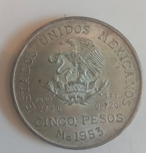 Moneda De 5 Pesos De Plata Mexicana Miguel Hidalgo 1953 (Usado)