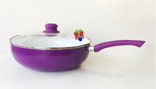 Imagen 3 de 6 de Wok Violeta Cerámica Antiadherente 5 Litros 30cm Tapa Vidrio