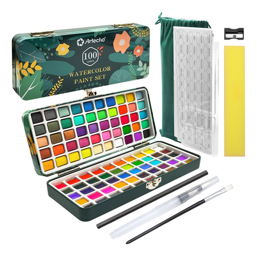 Set Acuarelas 100 Colores En Caja, Pinceles Y Papeles